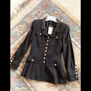 Rena Lange blazer, brass buttons, 4-pocket, flare back, piping details, small